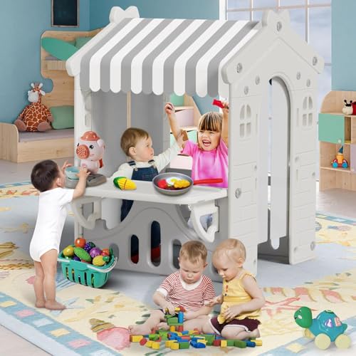 Kids Playhouse with Pretend Play Kitchen Toys Set Beige Gray Z82273