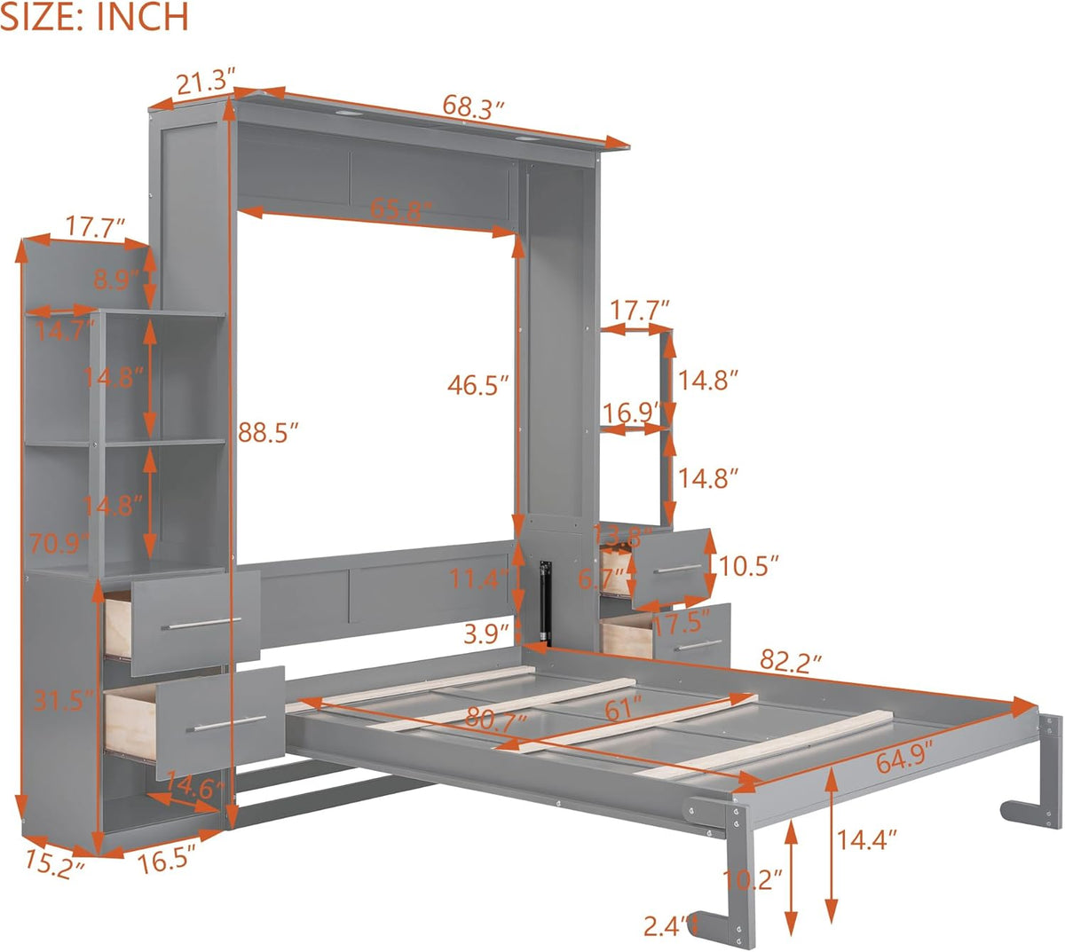 Queen Size Murphy Bed with Double Drawers and Open Storage Shelves, Grey E499704