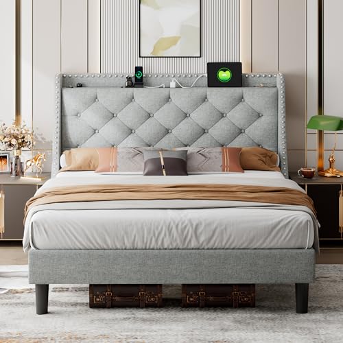 Beige Upholstered Full Bed Frame with USB Ports R97275