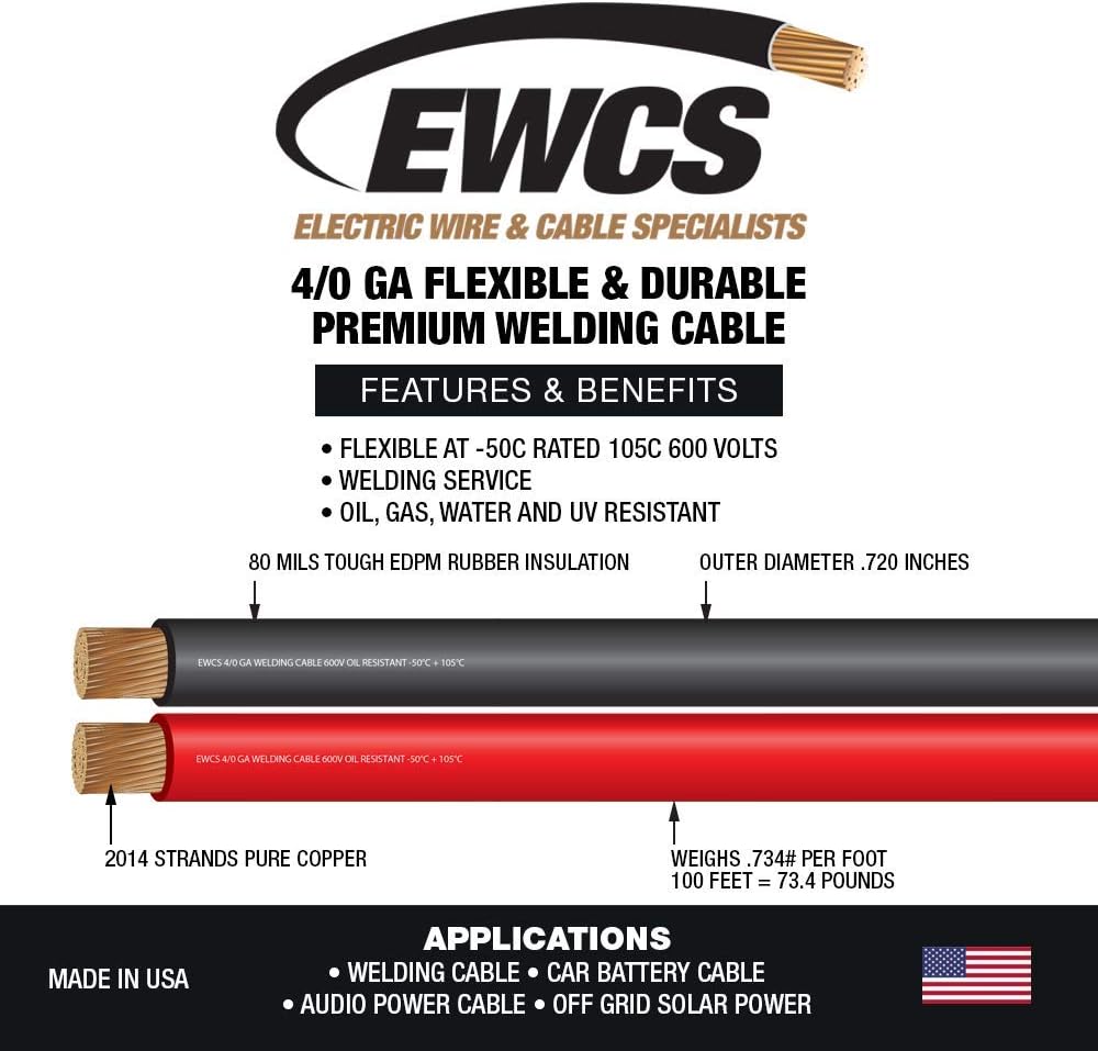 10 Feet Black + 10 Feet Red 4/0 Gauge Copper Welding Cable 600 Volt E3845