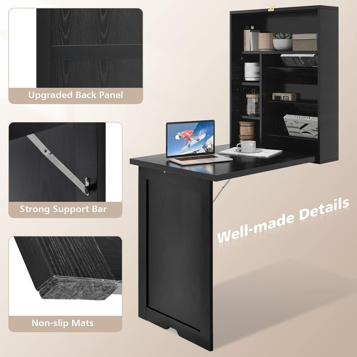 Black Wall Mounted Desk with Storage Shelves O164
