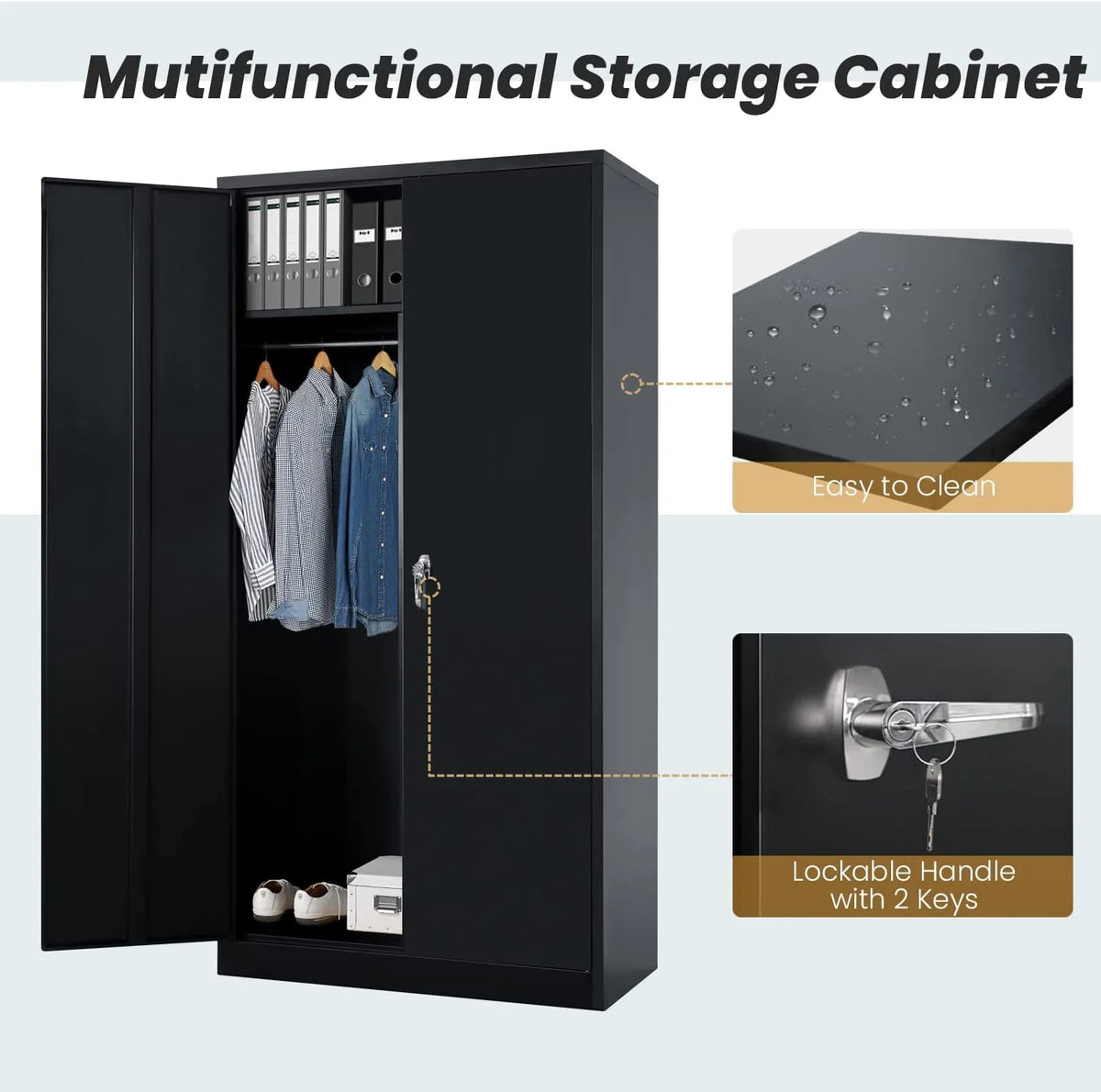 Metal Cabinets Locker with Locking Door 72'' Steel Wardrobe Cabinet with Lock and Shelves (Black) O9526