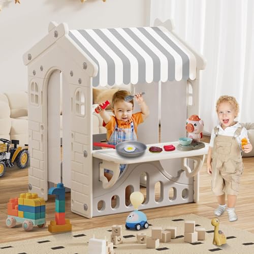 Kids Playhouse with Pretend Play Kitchen Toys Set Beige Gray Z82273