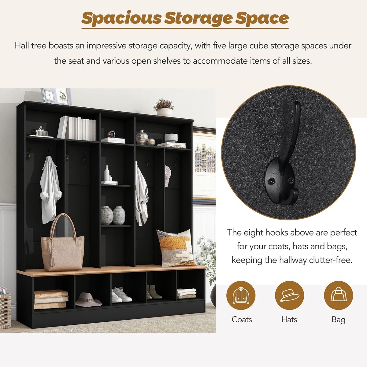 Black Hall Tree with Storage Bench and 8 Hooks R737781