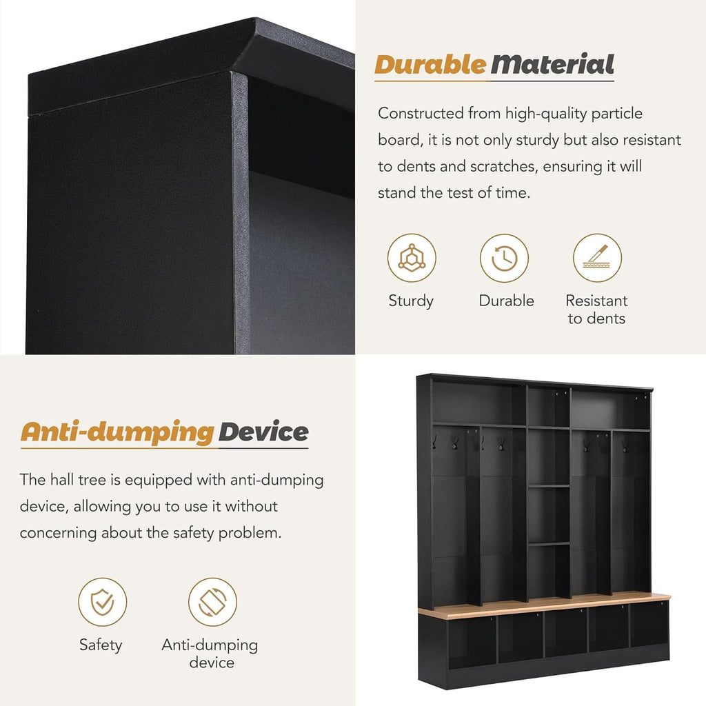 Black Hall Tree with Storage Bench and 8 Hooks R737781