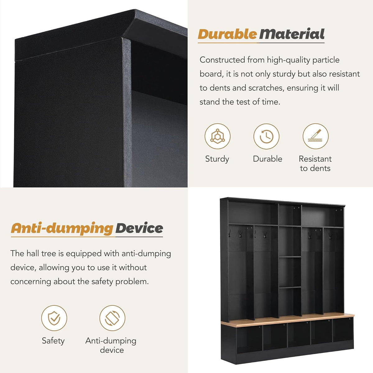 Black Hall Tree with Storage Bench and 8 Hooks R737781