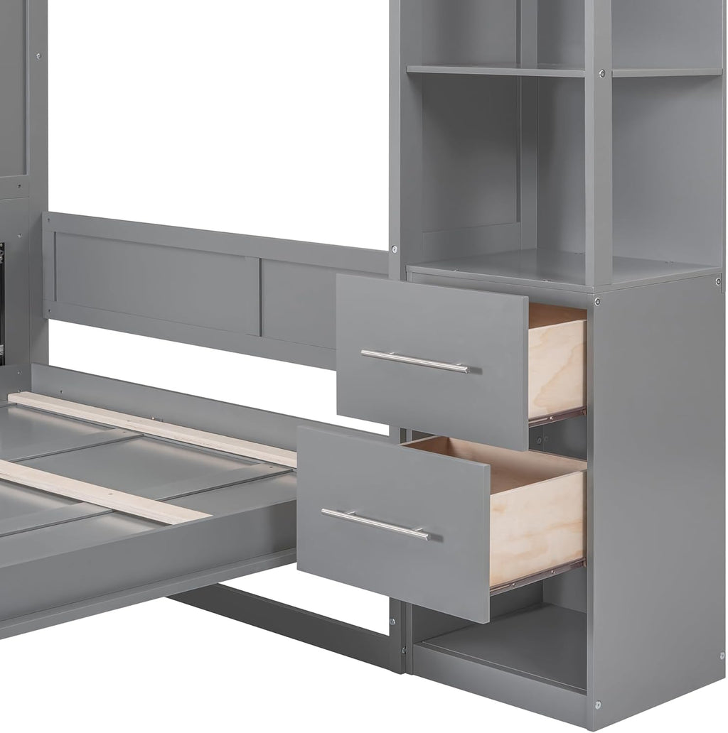 Queen Size Murphy Bed with Double Drawers and Open Storage Shelves, Grey E499704