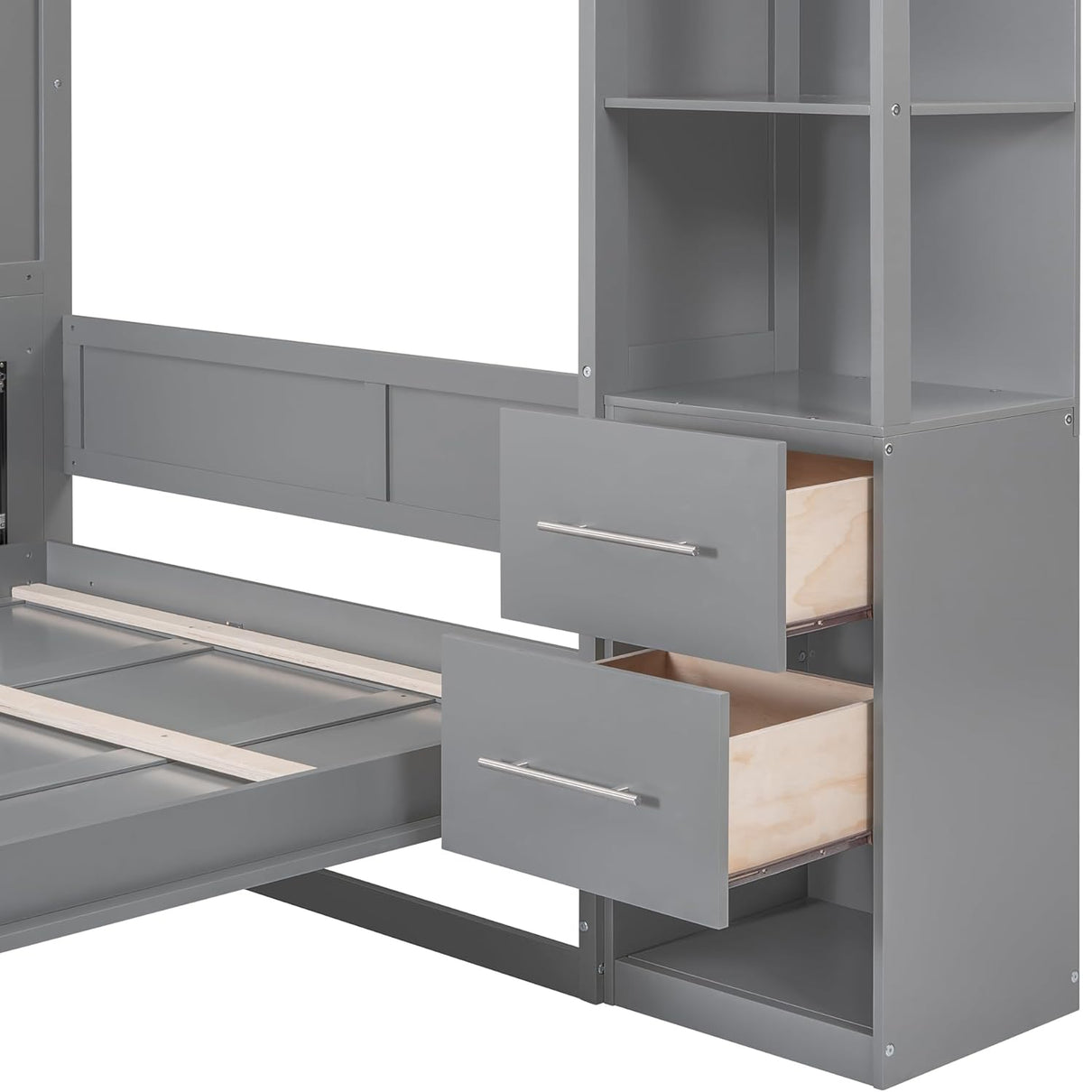 Queen Size Murphy Bed with Double Drawers and Open Storage Shelves, Grey E499704