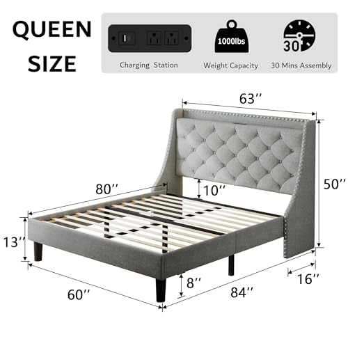 Beige Upholstered Full Bed Frame with USB Ports R97275