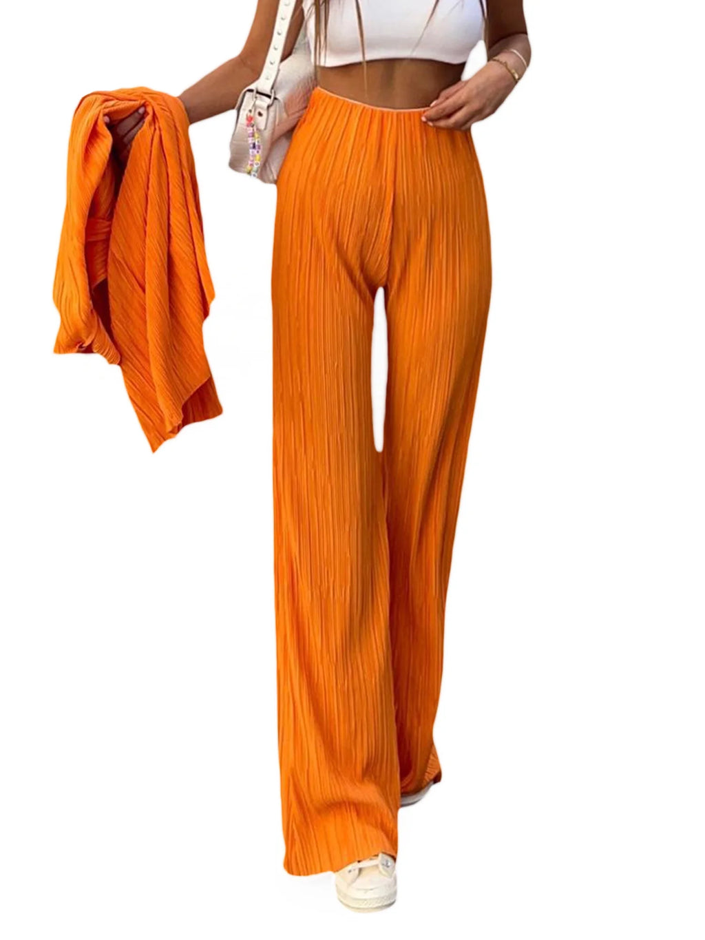 Women Casual Solid Colour Loose Fit Elasticated Waist Long Trouser with Pockets W947019
