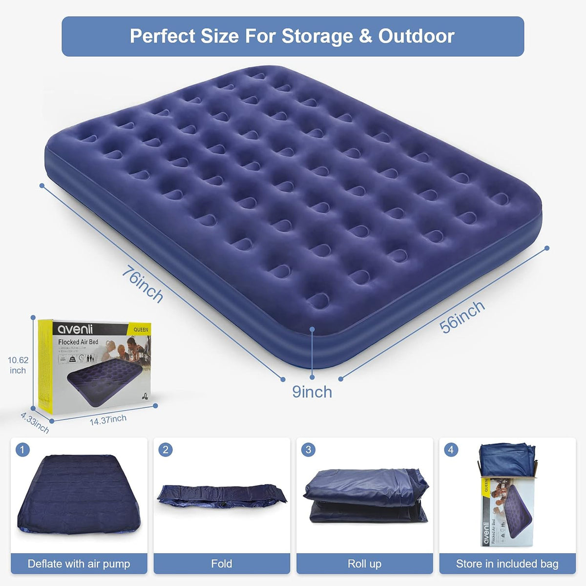 Queen Camping Air Mattress Inflatable Air Bed with Flocked Top Foldable U364394