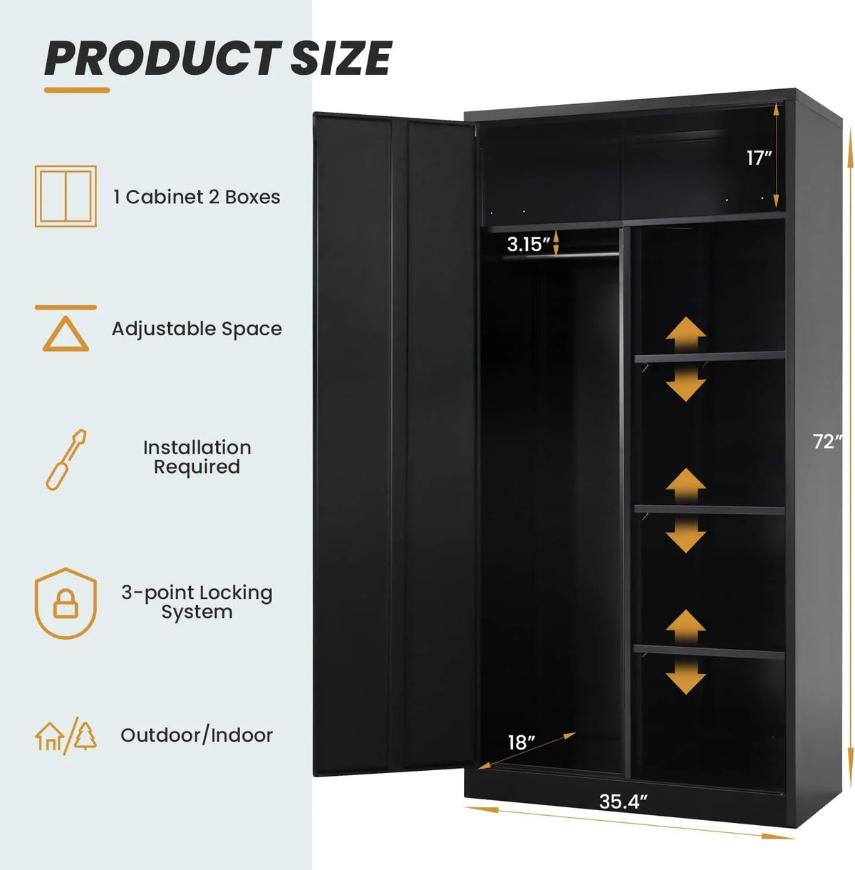 Metal Cabinets Locker with Locking Door 72'' Steel Wardrobe Cabinet with Lock and Shelves (Black) O9526