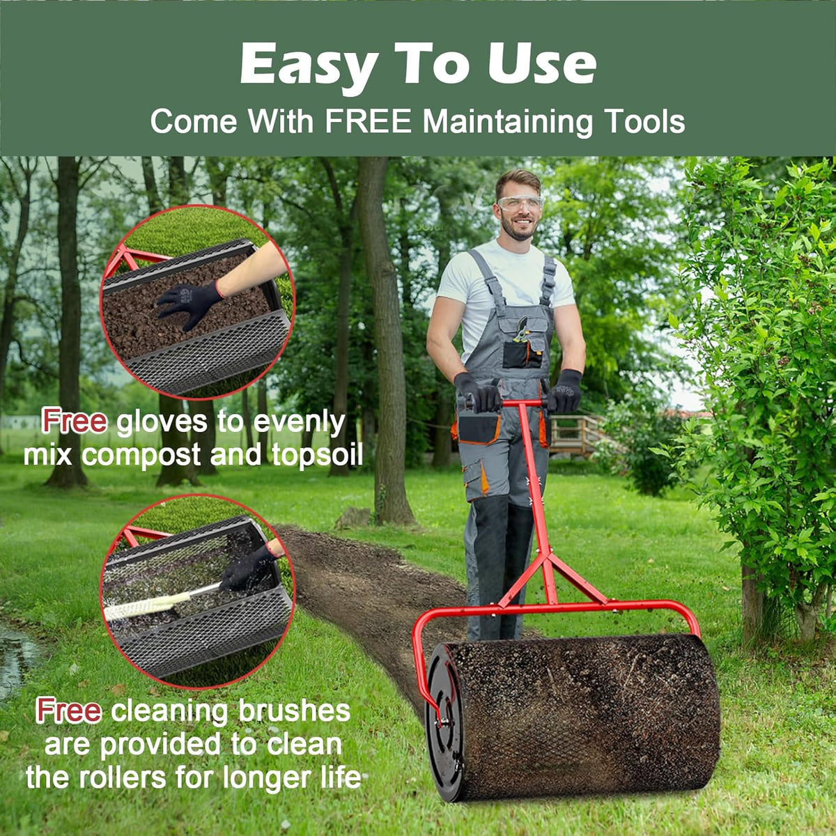 24 Inch Compost Roller Spreader with Adjustable T-Shaped Handle E944