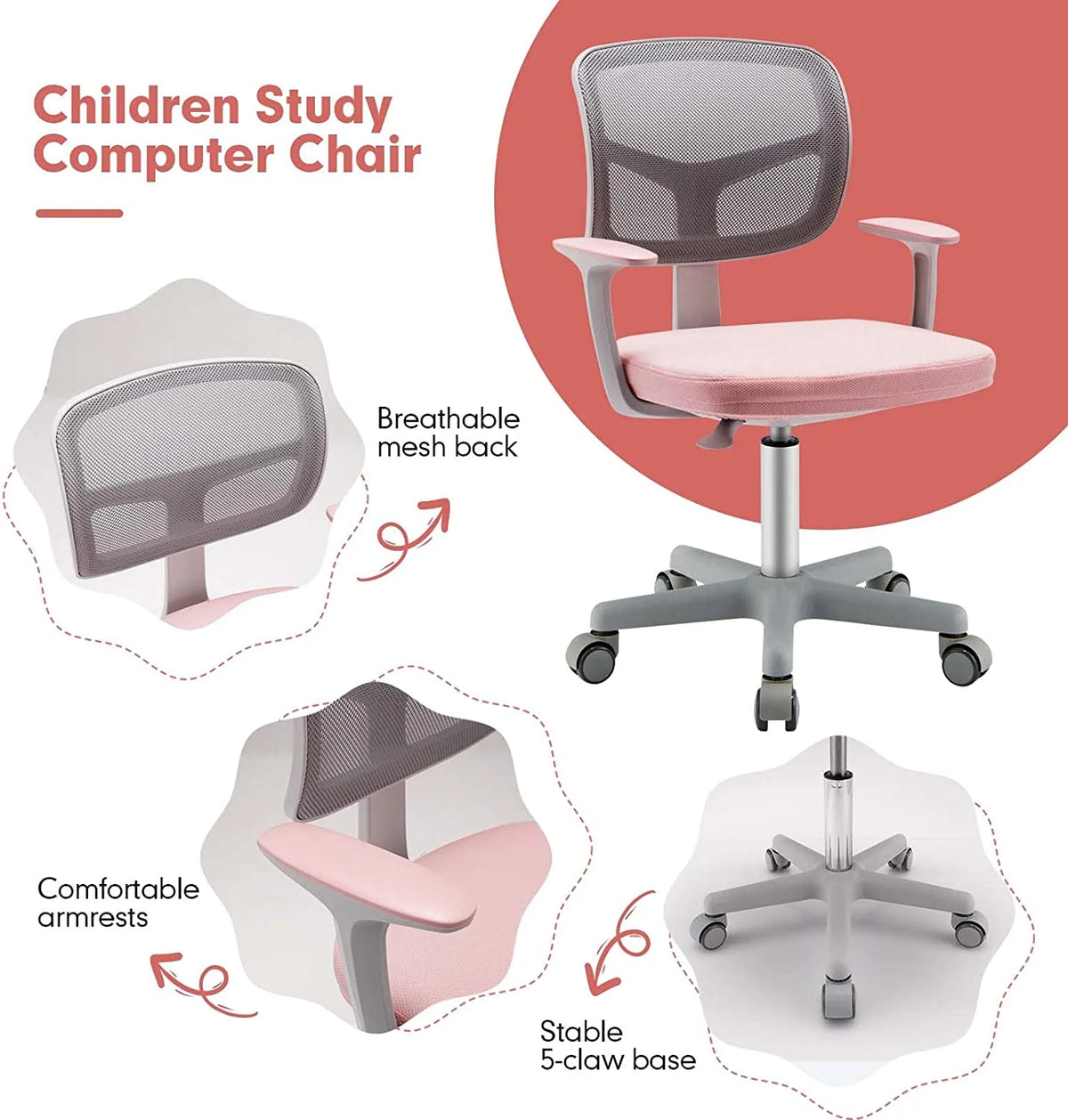Kids Desk Chair with Adjustable Height, Lumbar Support, Mesh Seat (Pink) V81369