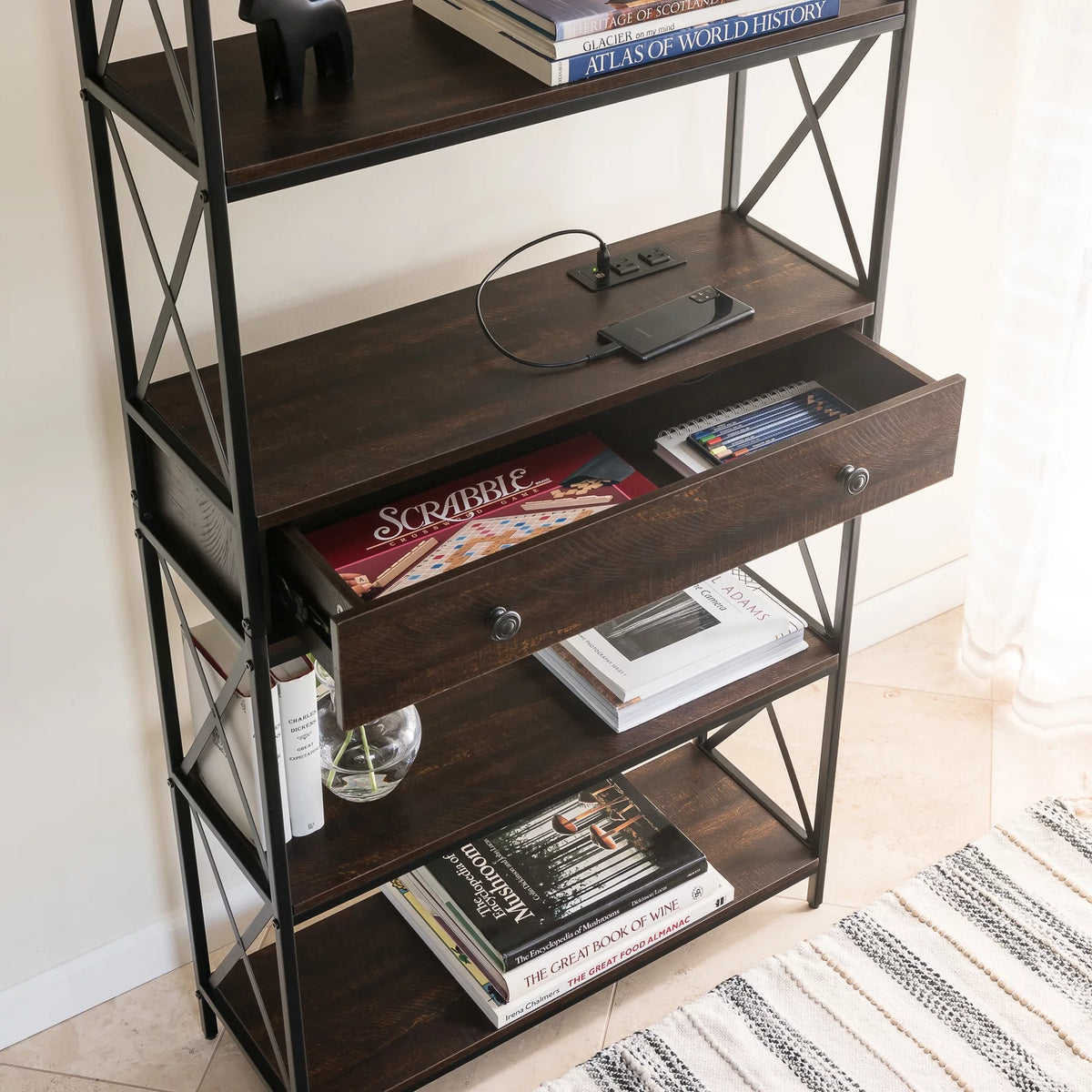 5 Shelf Bookcase with USB, AC Power Outlets and Drawer, Walnut T48641