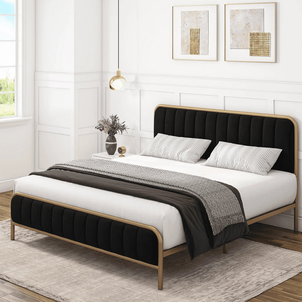 Queen Size Metal Bed Frame with Upholstered Headboard V7509