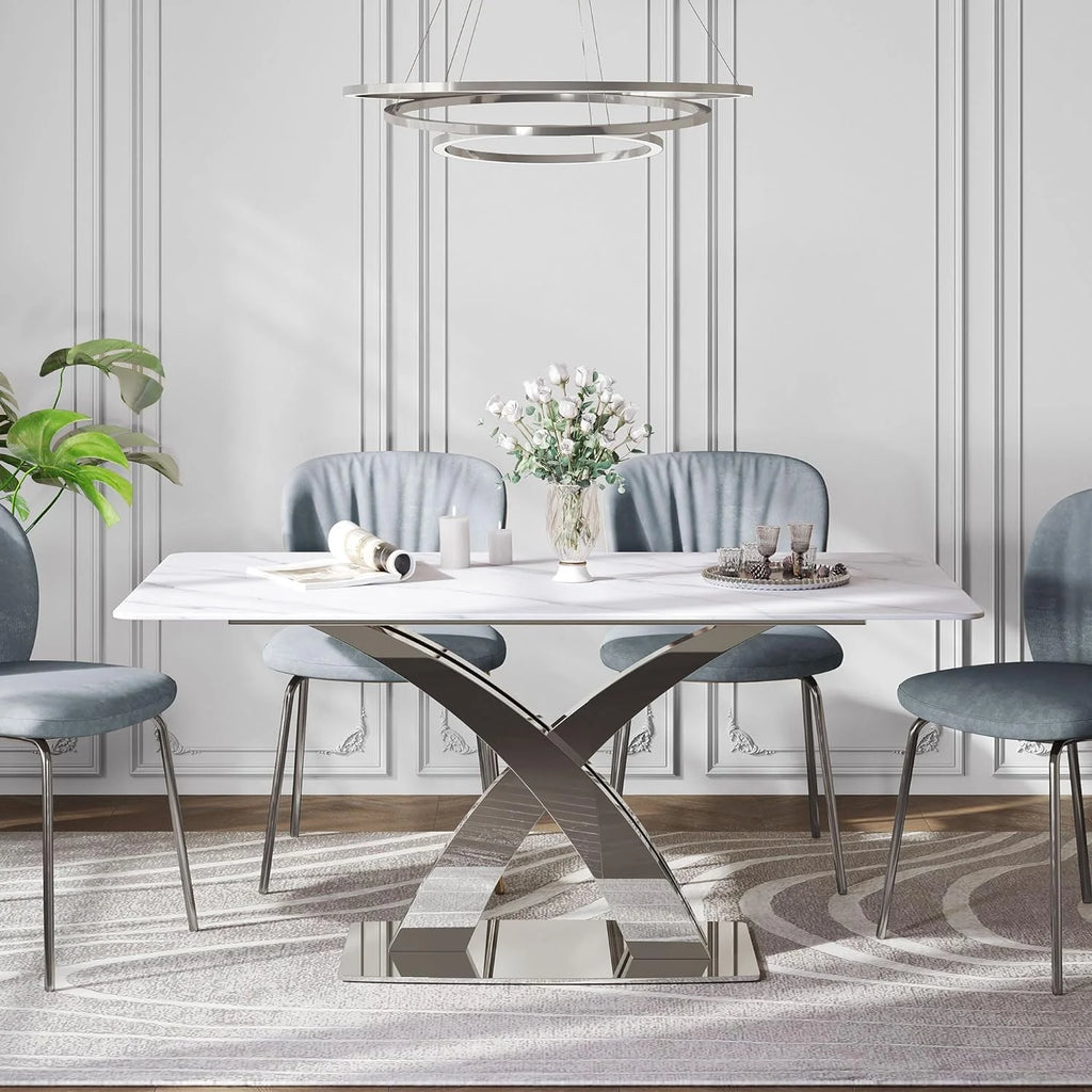White Sintered Stone Dining Table for 6 with Stainless Steel Base H45335