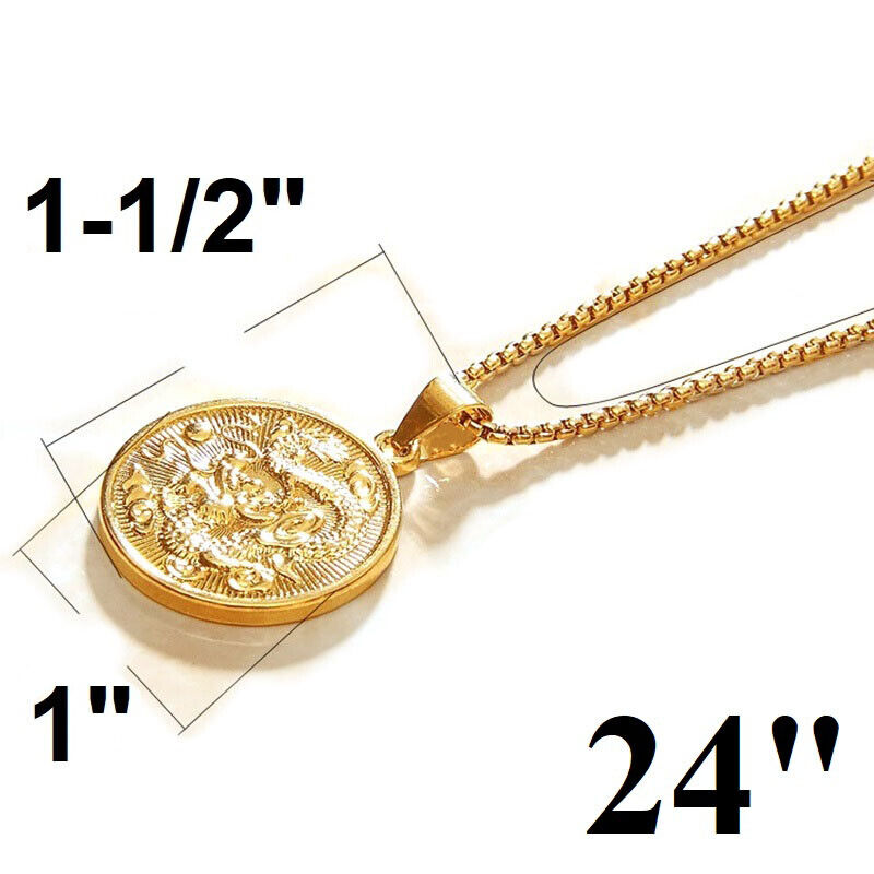 18k Gold 24" Chain Link Necklace And Dragon Filled Pendant S98624