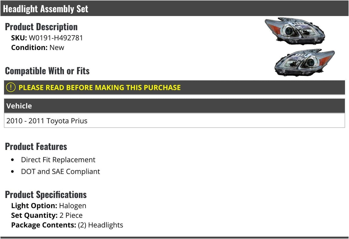 Halogen Headlight Assembly Set of 2 Z227875