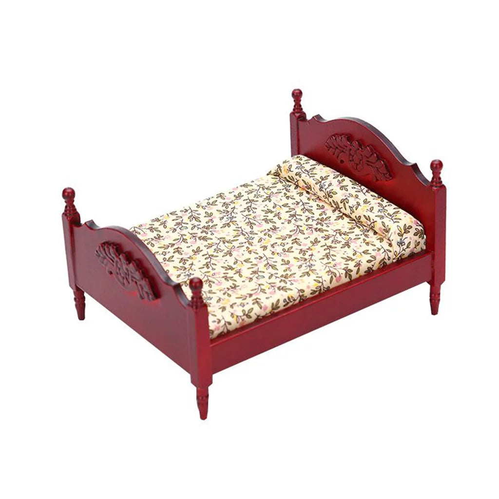 Miniature Birch Wood Double Bed 1:12 Scale Doll House Furniture P10337