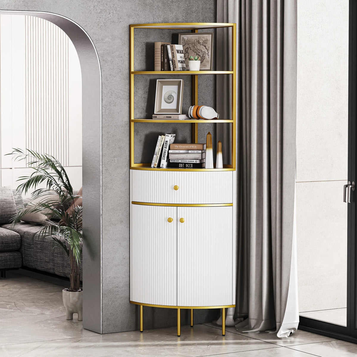 White Wooden Corner Bookshelf with 1 Drawer and 2 Doors S830