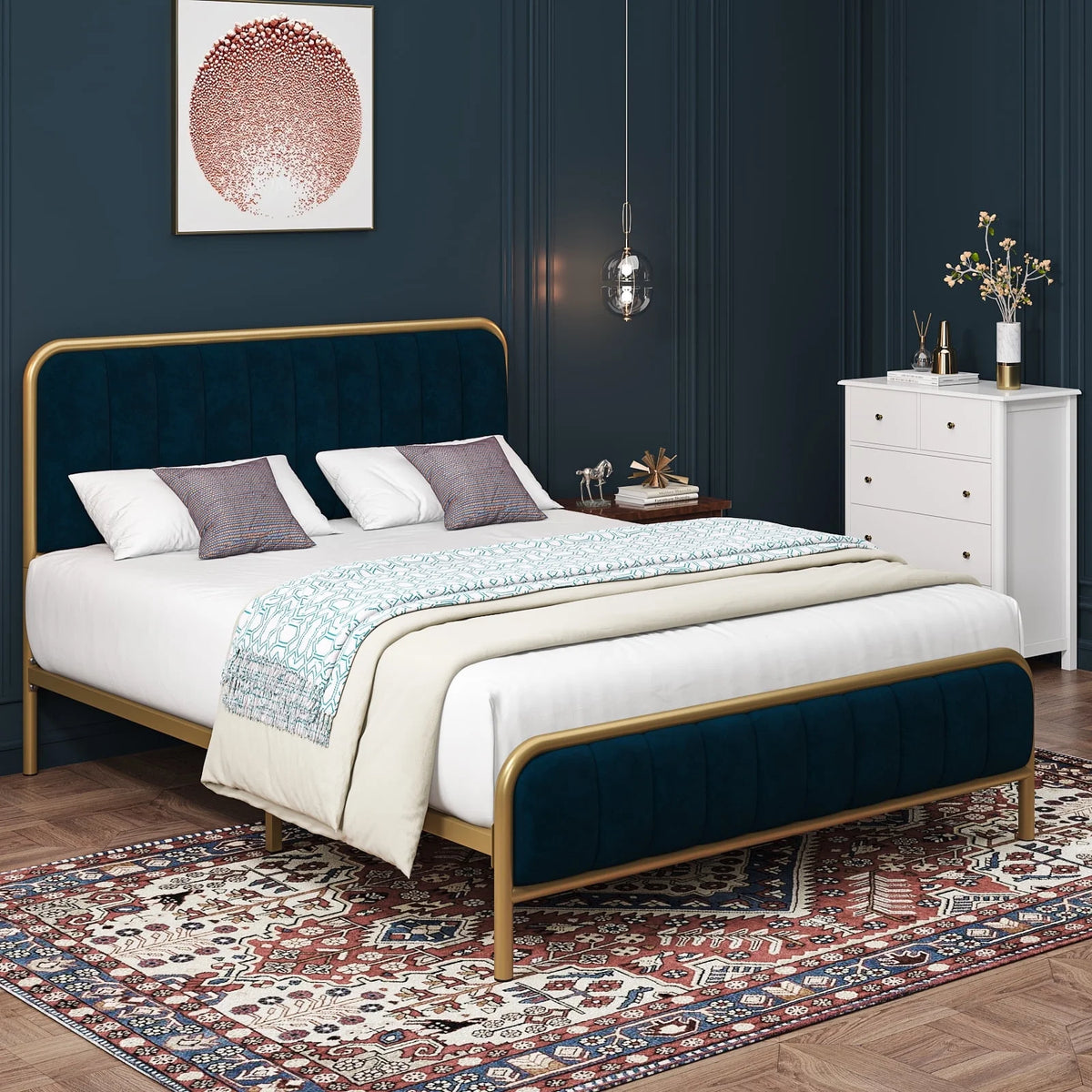 Queen Size Metal Bed Frame with Upholstered Headboard V7509