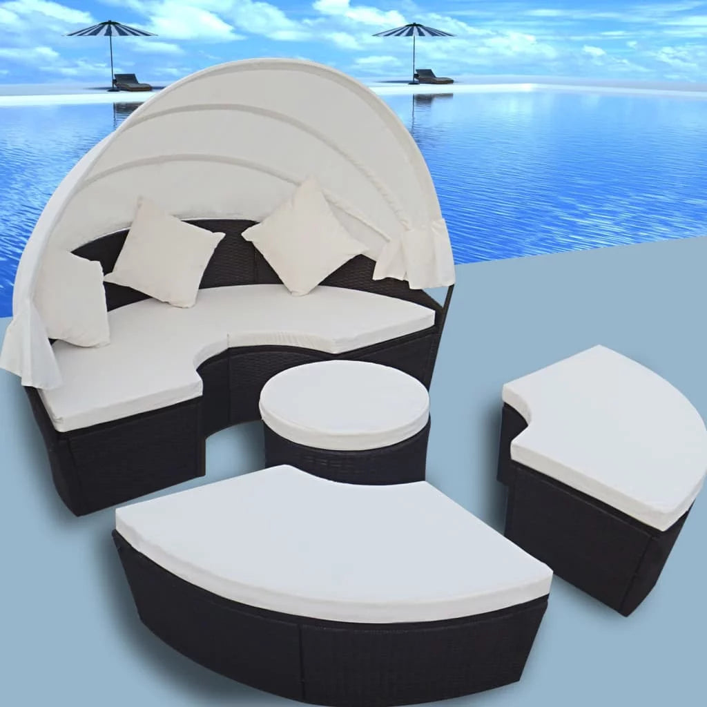 Patio Lounge Bed with Canopy Poly Rattan Black X54139