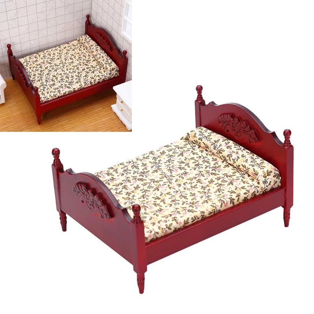 Miniature Birch Wood Double Bed 1:12 Scale Doll House Furniture P10337