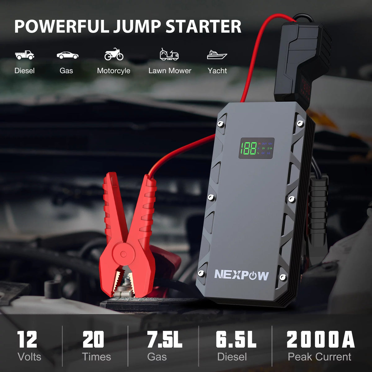 2000A Peak 12V Portable Car Jump Starter with USB Quick Charge 3.0 P614357