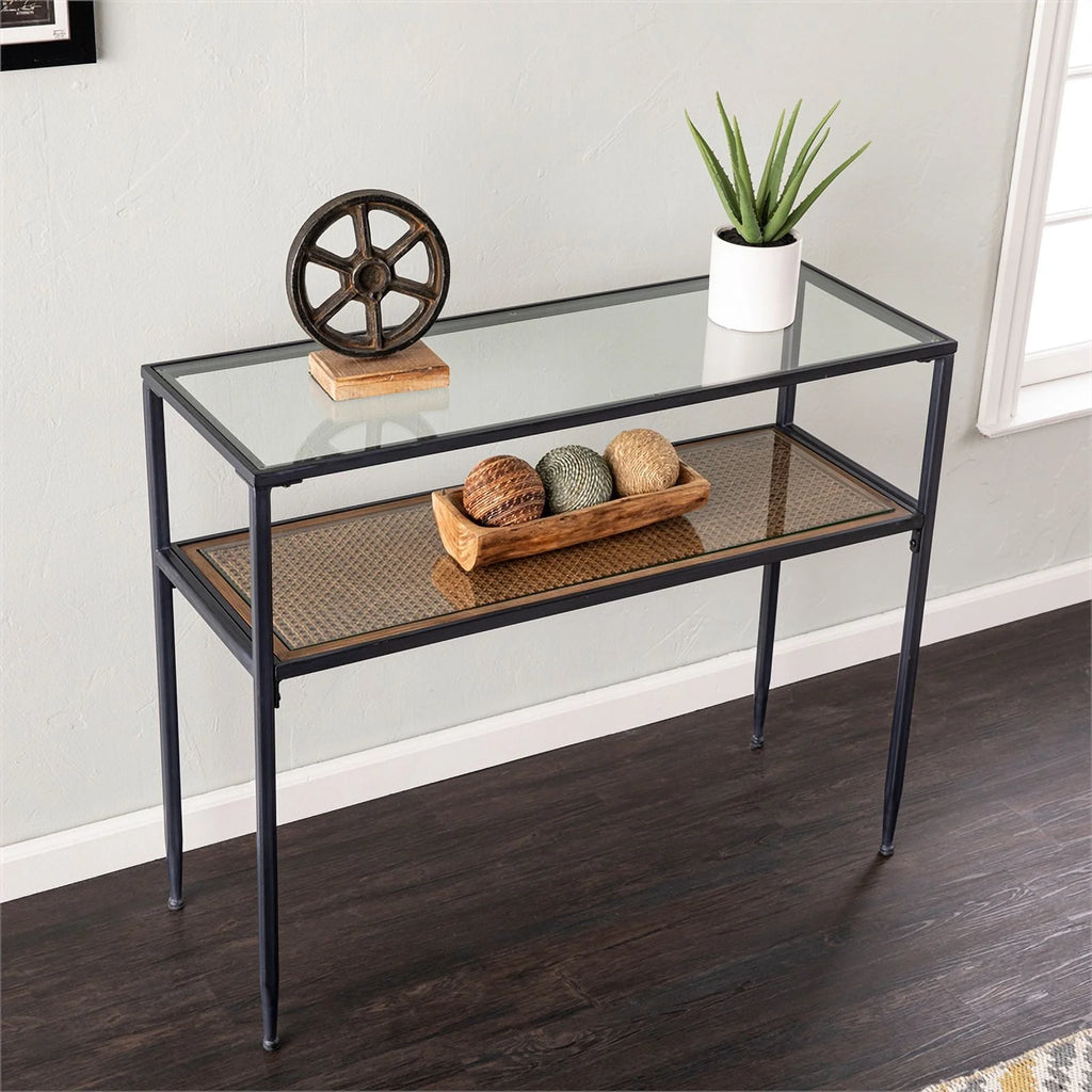 Black Engineered Wood Console Table with Glass Top X609570