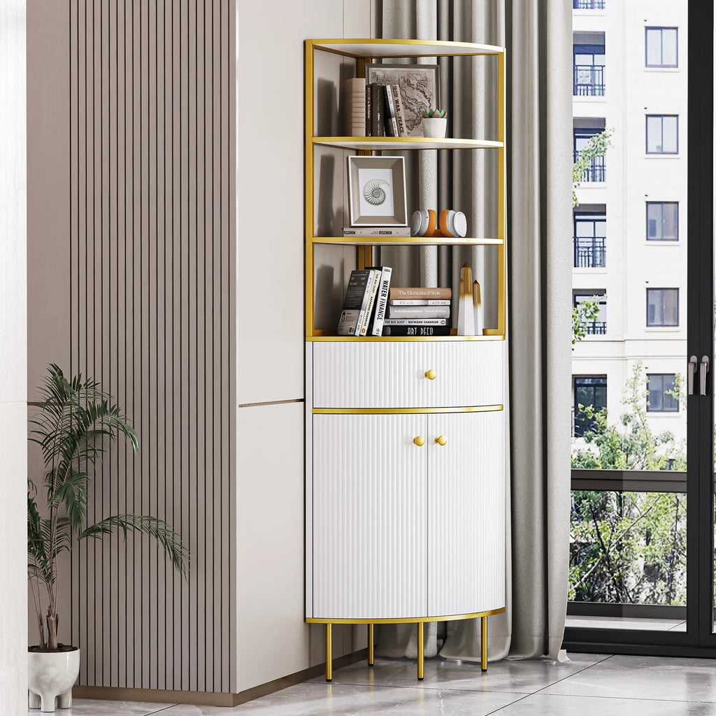 White Wooden Corner Bookshelf with 1 Drawer and 2 Doors S830