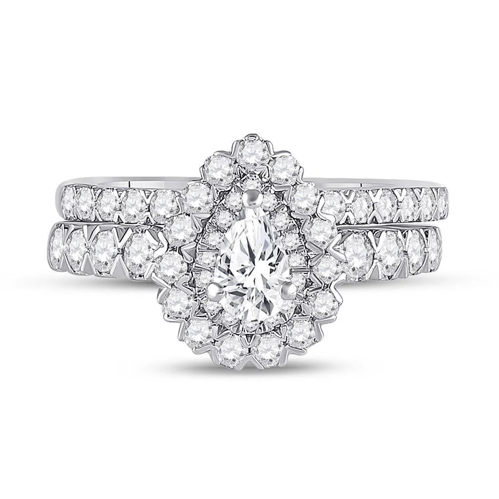 14k White Gold Pear Diamond Solitaire Bridal Wedding Ring Set 1-1/2 Cttw J660