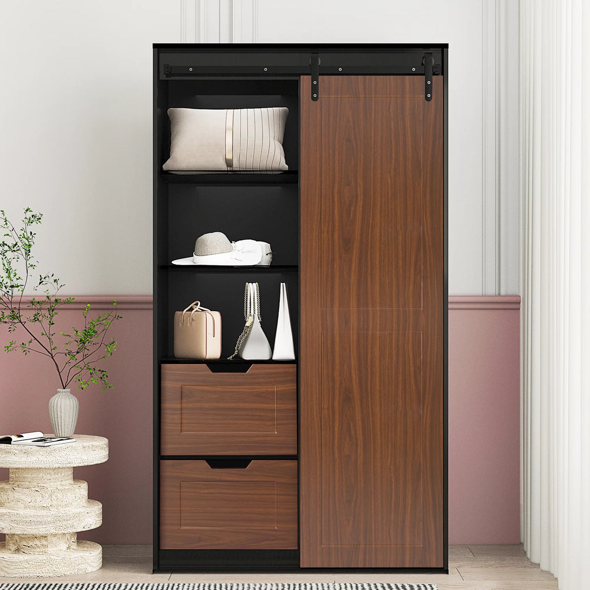 71-inch Black Brown Sliding Barn Door Wardrobe and Cabinet J82210