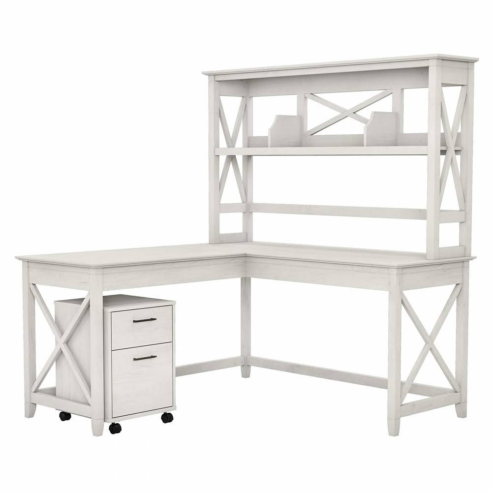 Linen White Oak L Shaped Desk with Hutch and 2 Drawer Mobile File Cabinet D608