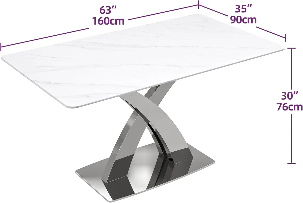 White Sintered Stone Dining Table for 6 with Stainless Steel Base H45335
