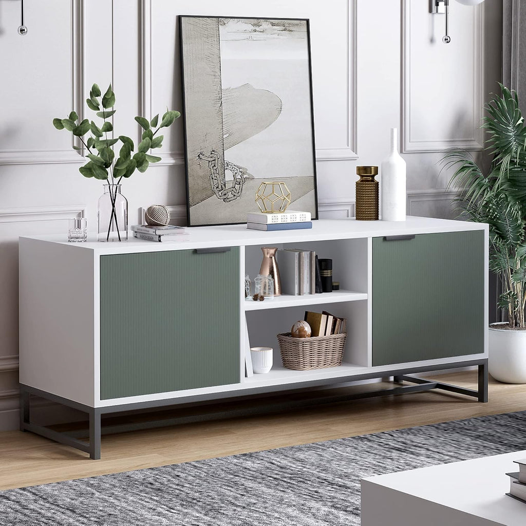 White & Green Wood TV Stand with Storage Cabinet O74804