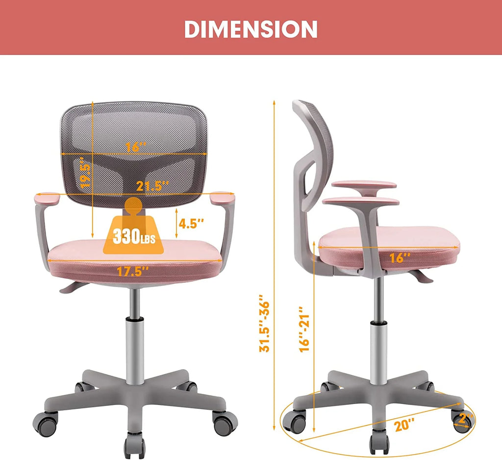 Kids Desk Chair with Adjustable Height, Lumbar Support, Mesh Seat (Pink) V81369
