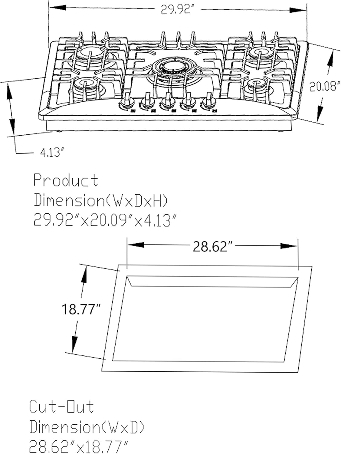 30" Stainless Steel Gas Stove Cooktop with 5 Burners R51221