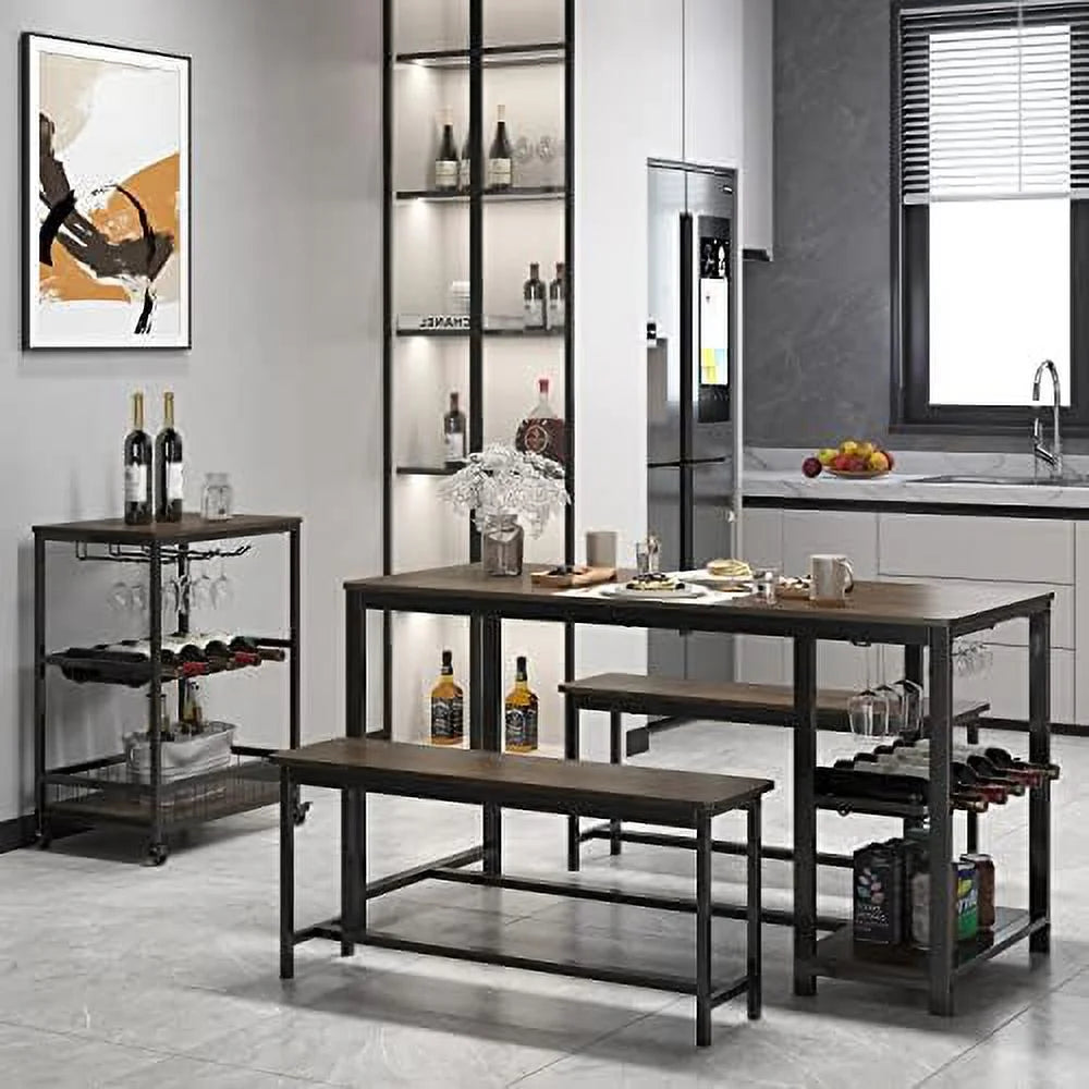 3-Piece Rustic Wood Dining Table Set with Benches Z5226