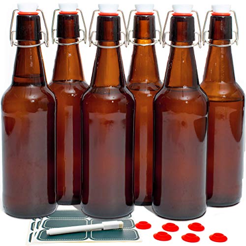 Swing Top Glass Bottles Set of 6, 16oz Clear with Caps T594