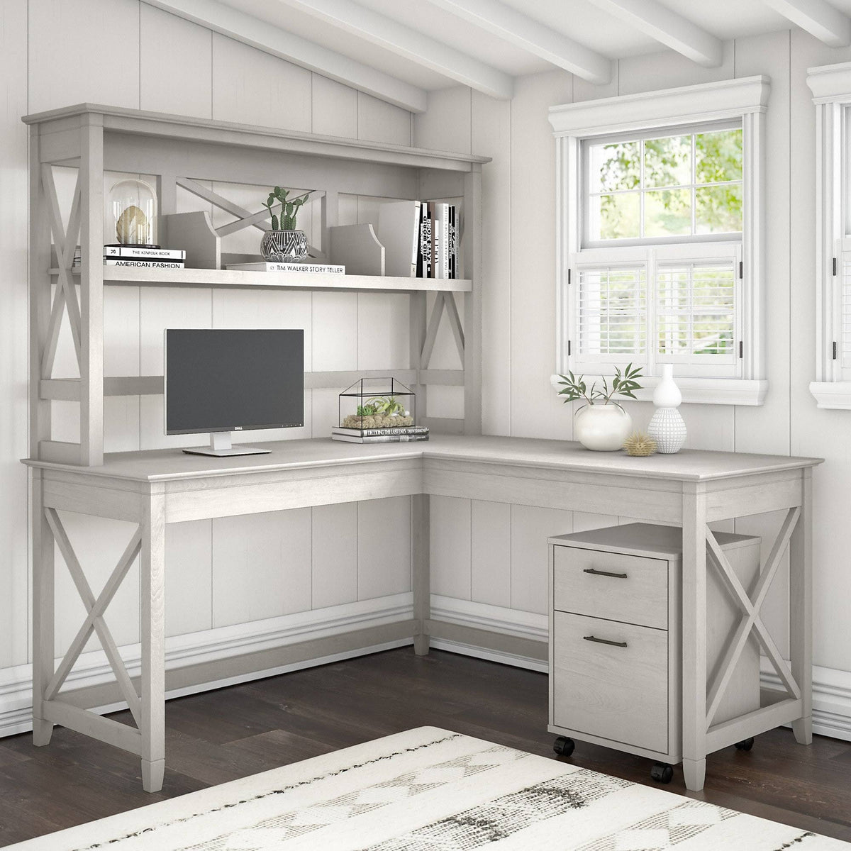 Linen White Oak L Shaped Desk with Hutch and 2 Drawer Mobile File Cabinet D608