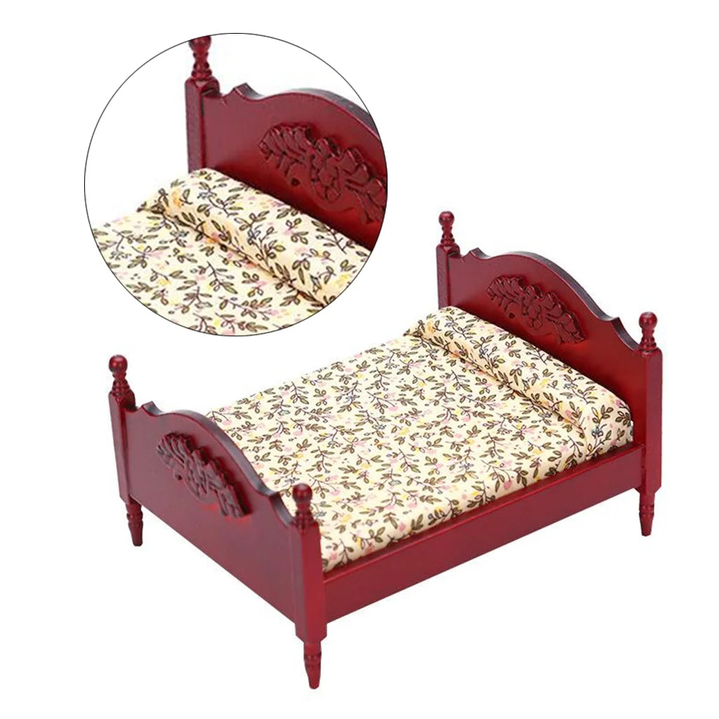 Miniature Birch Wood Double Bed 1:12 Scale Doll House Furniture P10337