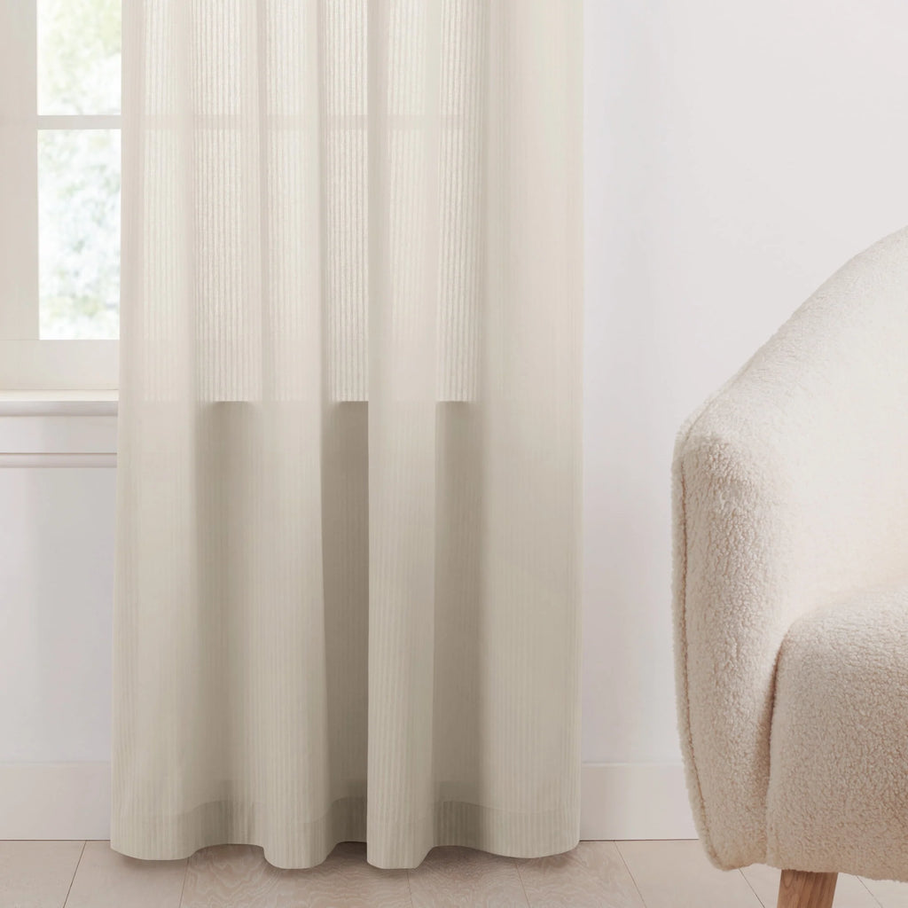 Semi-Sheer Stripe Organic Cotton Window Curtain Pair White 84 Q54792