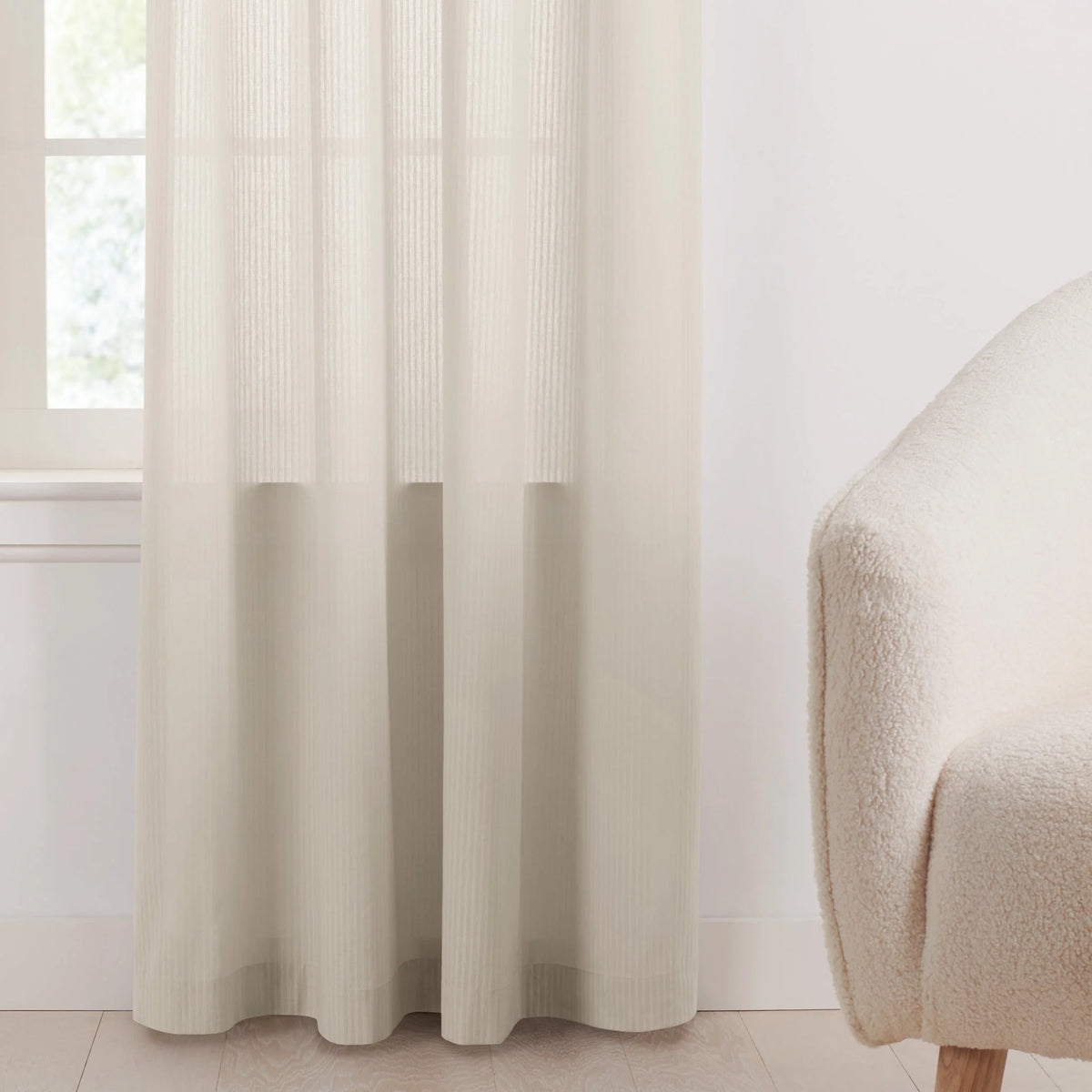 Semi-Sheer Stripe Organic Cotton Window Curtain Pair White 84 Q54792
