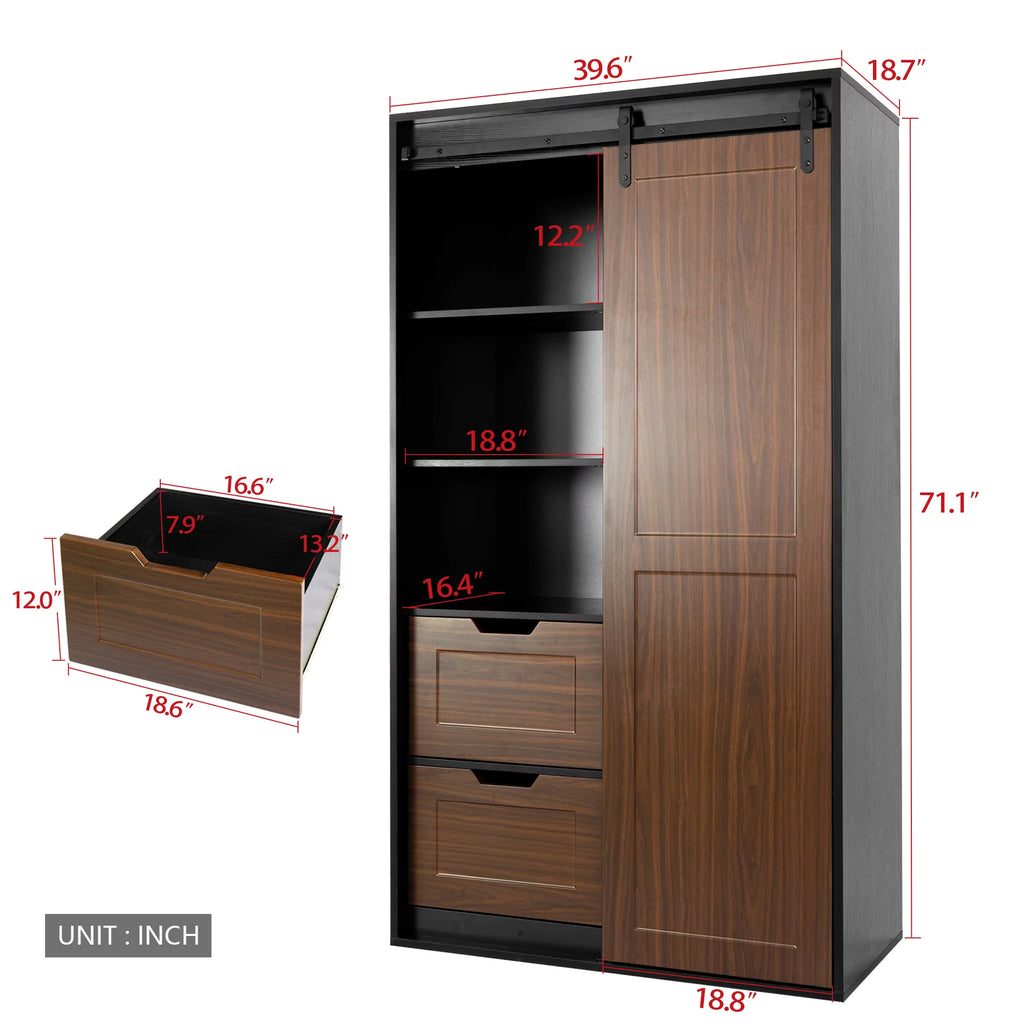 71-inch Black Brown Sliding Barn Door Wardrobe and Cabinet J82210