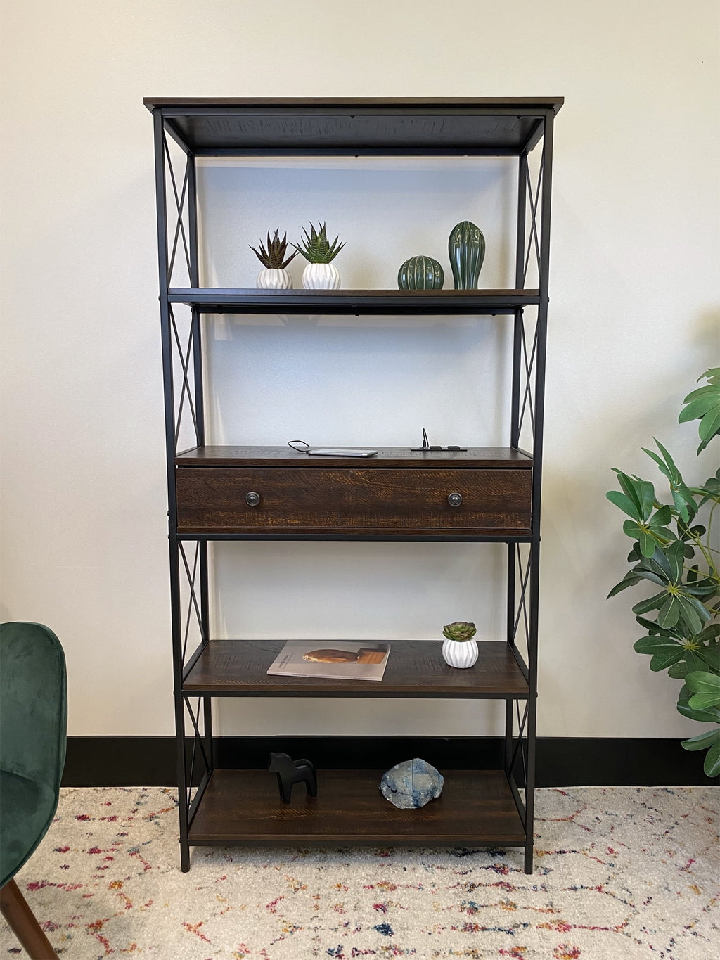 5 Shelf Bookcase with USB, AC Power Outlets and Drawer, Walnut T48641