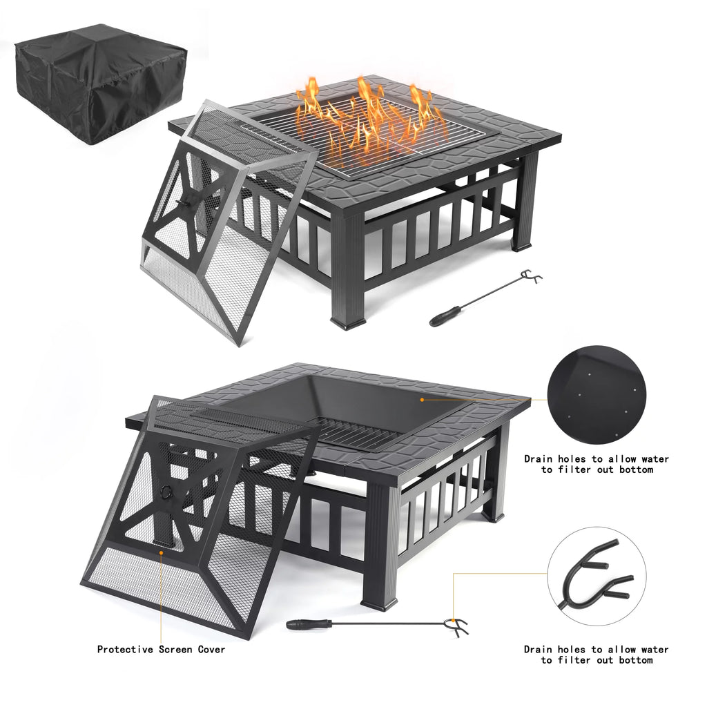 32 Square Iron Wood Burning Fire Pit with BBQ Net E3374