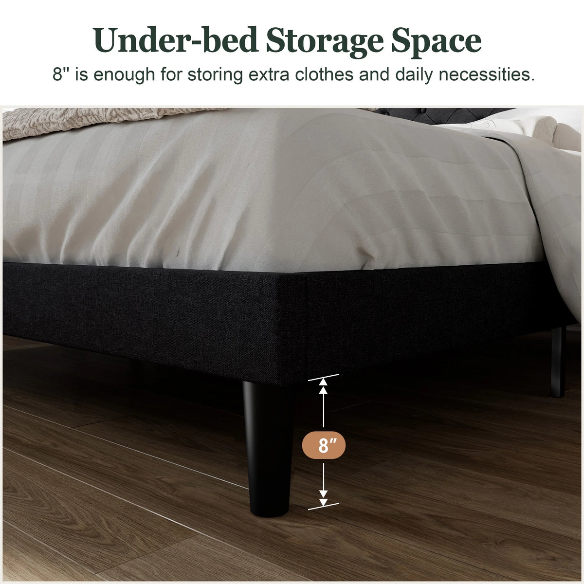 Queen Size Upholstered Platform Bed Frame with Adjustable Headboard, Black Q737
