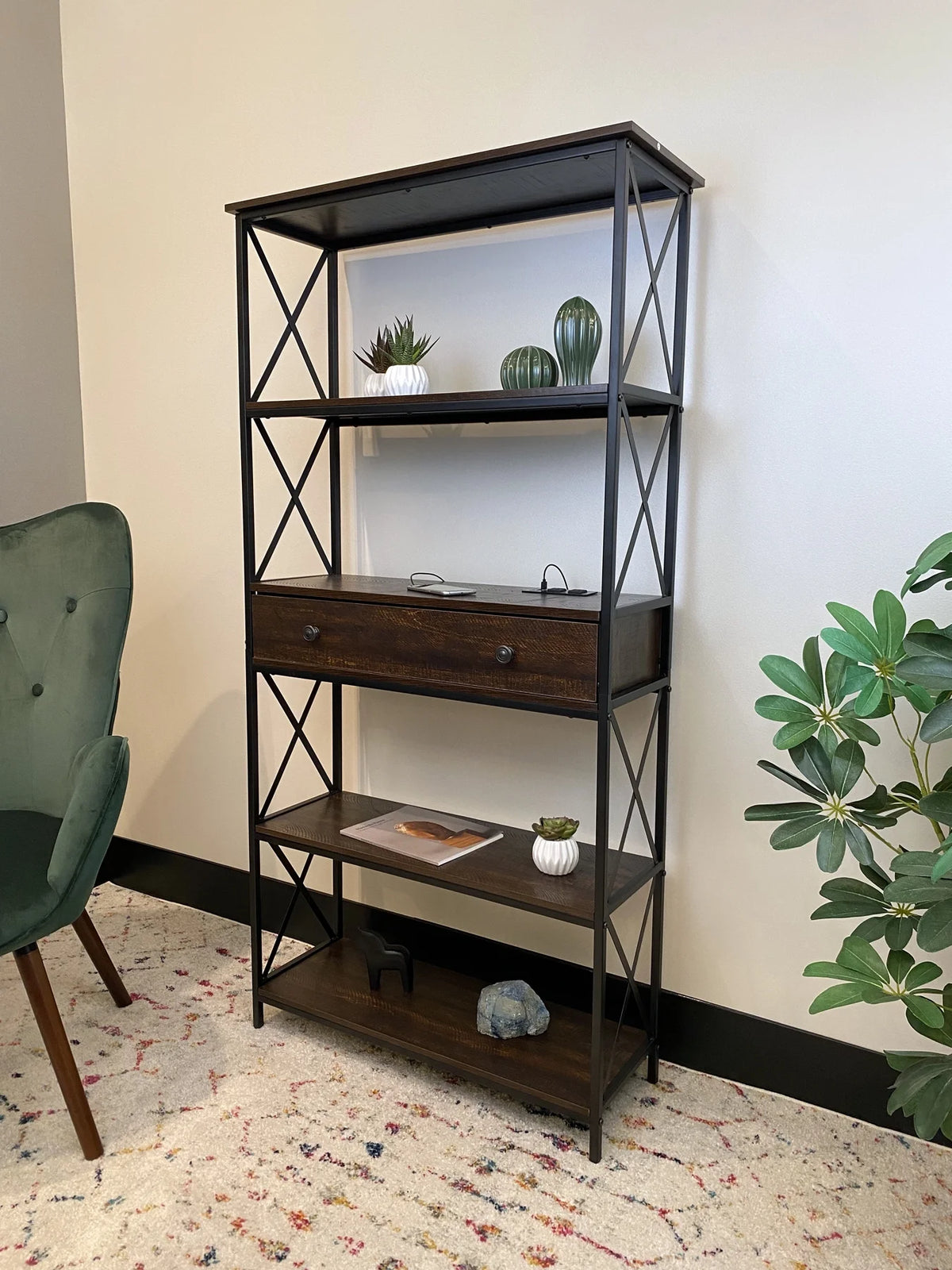 5 Shelf Bookcase with USB, AC Power Outlets and Drawer, Walnut T48641