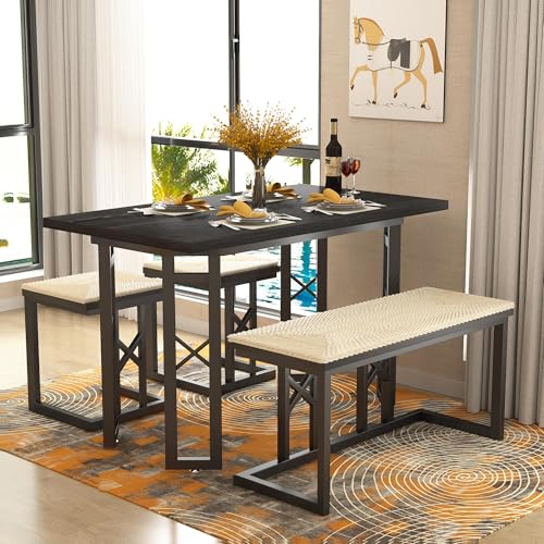 43.3" Dining Table Set for 4 with Wicker Seat Cushions Q4084
